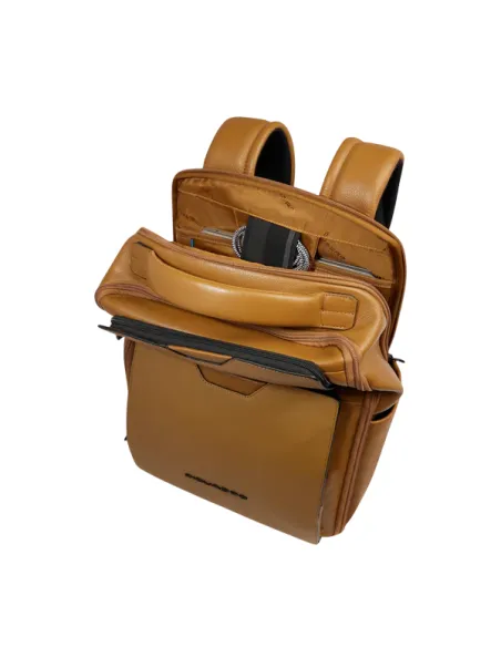 Piquadro Ael leather travel backpack for 14 inch laptop, yellow