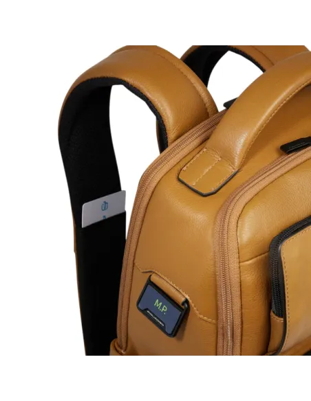 Piquadro Ael leather travel backpack for 14 inch laptop, yellow