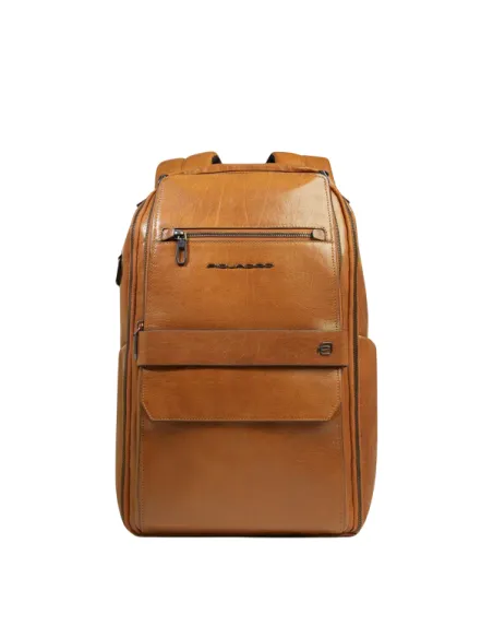 Piquadro Solm leather travel backpack with 14 laptop compartment, cognac