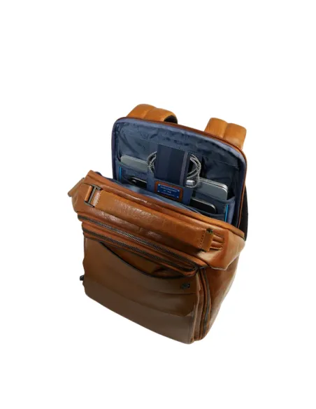 Piquadro Solm leather travel backpack with 14 laptop compartment, cognac
