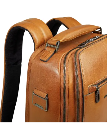 Piquadro Solm leather travel backpack with 14 laptop compartment, cognac