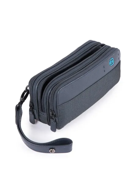 Borsello a 3 comparti in tessuto e pelle Piquadro P16 blu