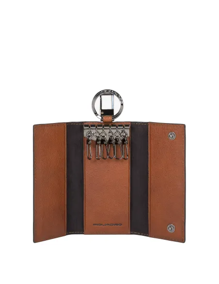 Leather key ring with 6 hooks and snap hook Black Square