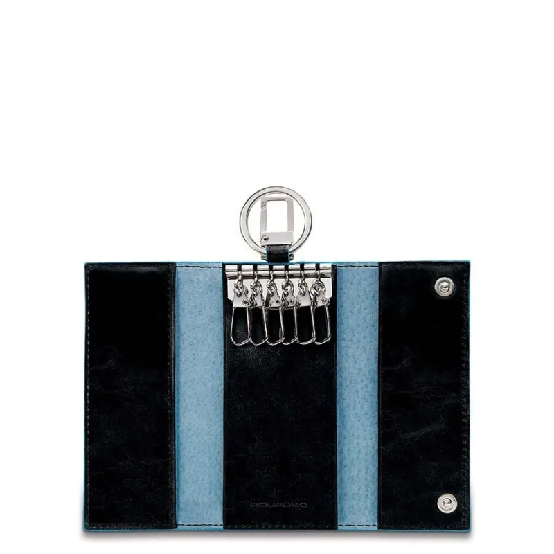 Piquadro Blue Square key holder with 6 hooks and snap hook
